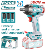 Masina de insurubat cu impact TOTAL 20V, 500 Nm, prindere 1/2”, motor fara perii (FARA acumulator si incarcator)