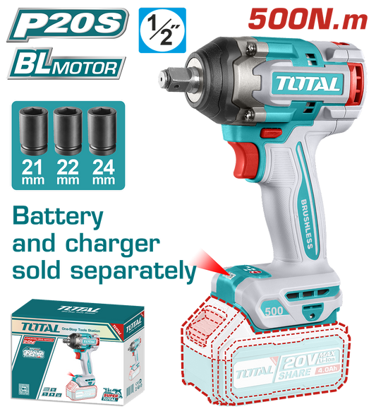Masina de insurubat cu impact TOTAL 20V, 500 Nm, prindere 1/2”, motor fara perii (FARA acumulator si incarcator)