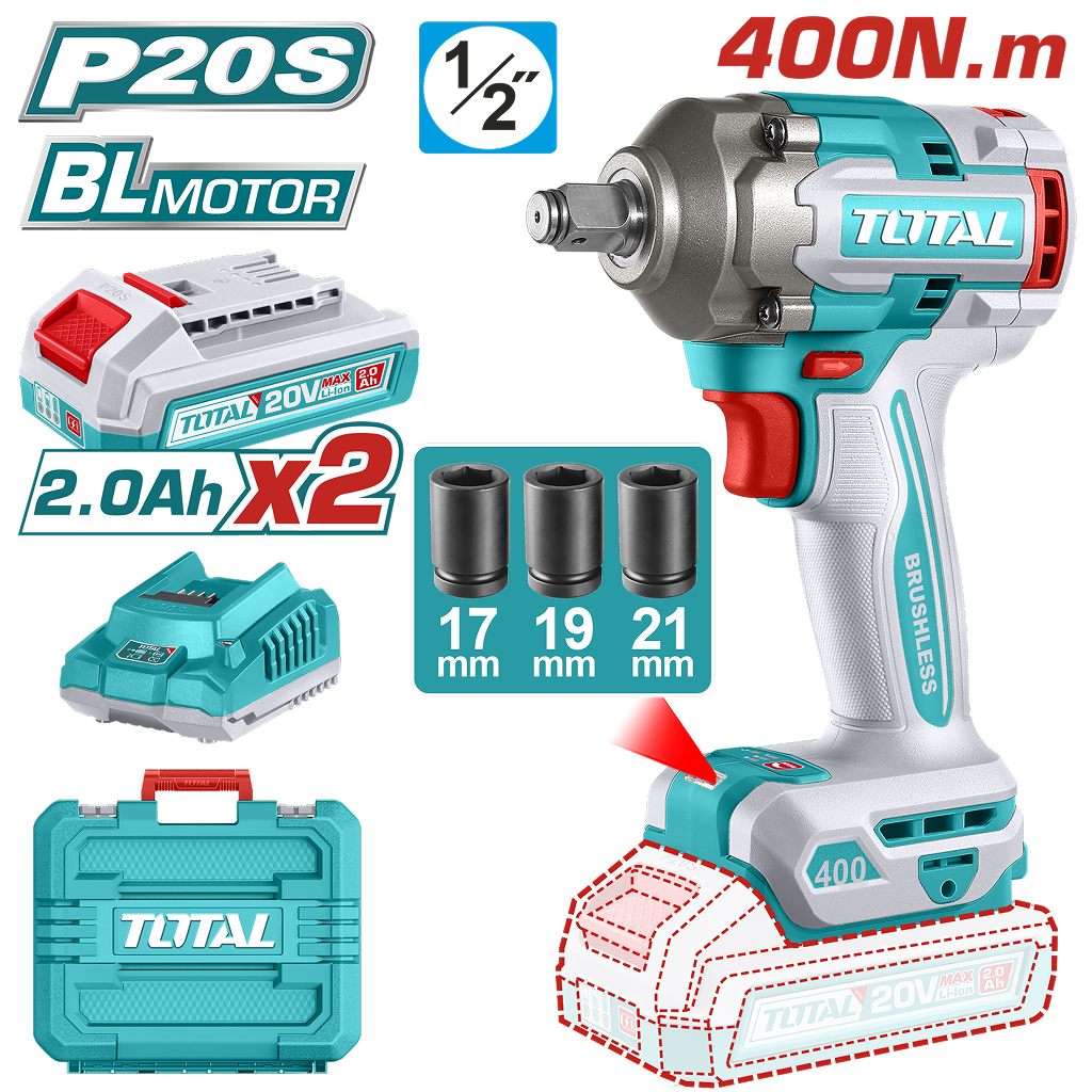 Masina de insurubat cu impact TOTAL 20V, 400 Nm, 1/2”, Brushless (2 acumulatori + incarcator)