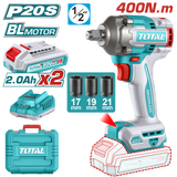 Masina de insurubat cu impact TOTAL 20V, 400 Nm, 1/2”, Brushless (2 acumulatori + incarcator)