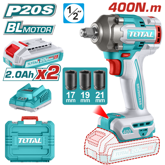 Masina de insurubat cu impact TOTAL 20V, 400 Nm, 1/2”, Brushless (2 acumulatori + incarcator)