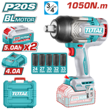 Pistol de insurubat cu impact TOTAL 20V, 1050 Nm, prindere 3/4", 2 acumulatori 5.0Ah, incarcator inclus