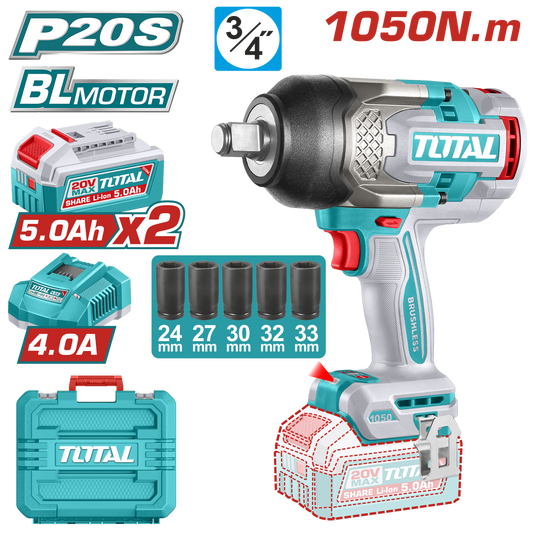 Pistol de insurubat cu impact TOTAL 20V, 1050 Nm, prindere 3/4", 2 acumulatori 5.0Ah, incarcator inclus