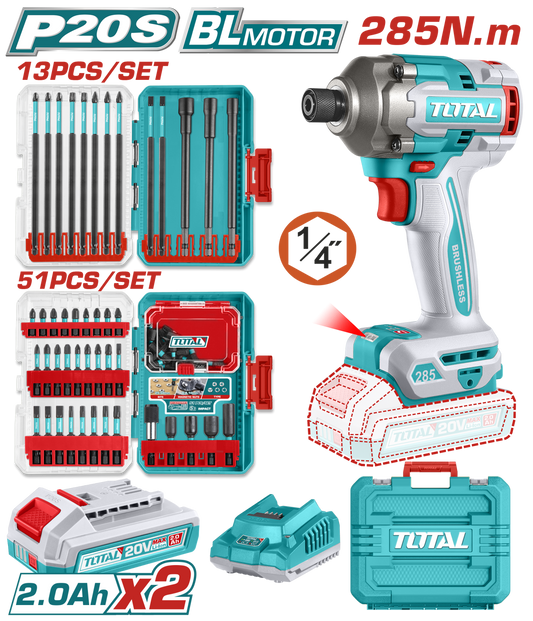 Masina de insurubat cu impact TOTAL 20V, 285 Nm, 64 biti impact, 2 acumulatori 2.0Ah, incarcator inclus