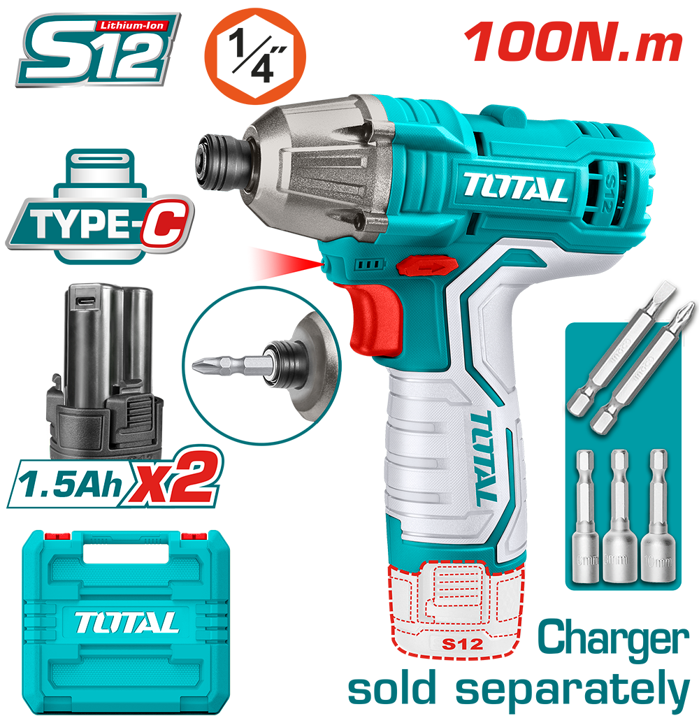 Masina de insurubat cu impact TOTAL 12V, 100 Nm, 2 acumulatori 1.5Ah