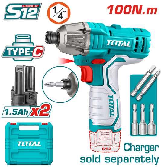 Masina de insurubat cu impact TOTAL 12V, 100 Nm, 2 acumulatori 1.5Ah