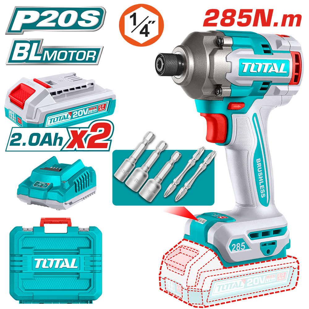 Masina de insurubat cu impact TOTAL 20V, 285 Nm, Li-Ion 2.0Ah (include 2 acumulatori si incarcator)