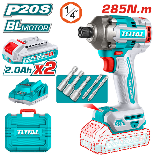 Masina de insurubat cu impact TOTAL 20V, 285 Nm, Li-Ion 2.0Ah (include 2 acumulatori si incarcator)