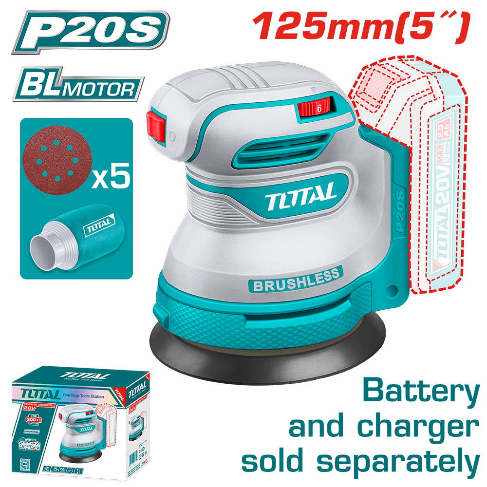 Masina de slefuit rotativa TOTAL 20V, baza 125 mm (FARA acumulator si incarcator)