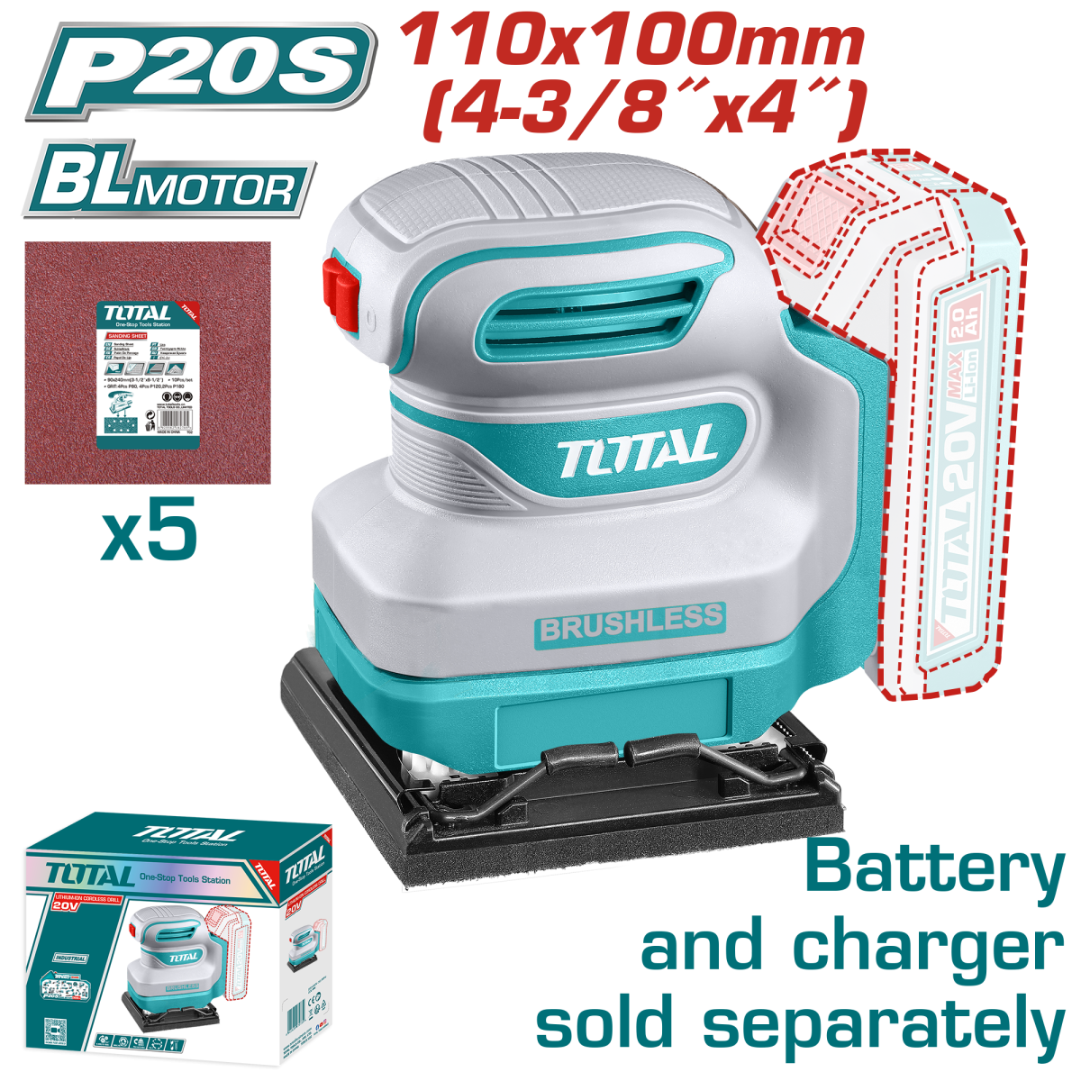 Masina de slefuit cu talpa patrata TOTAL 20V, brushless, Li-Ion, fara acumulator