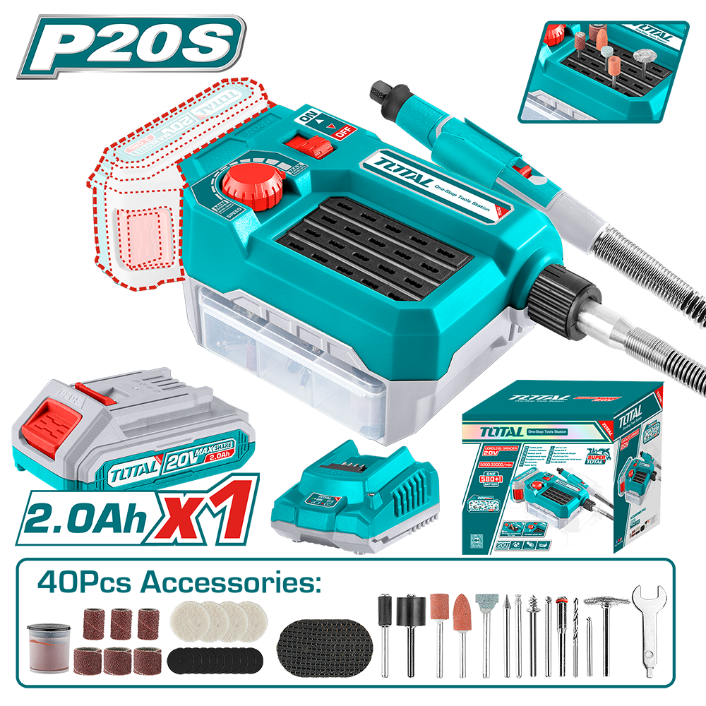 Mini polizor TOTAL 20V, 2.0Ah, viteza variabila, set accesorii (include acumulator si incarcator)