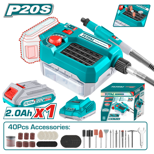Mini polizor TOTAL 20V, 2.0Ah, viteza variabila, set accesorii (include acumulator si incarcator)