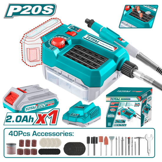 Mini polizor TOTAL 20V, 2.0Ah, viteza variabila, set accesorii (include acumulator si incarcator)