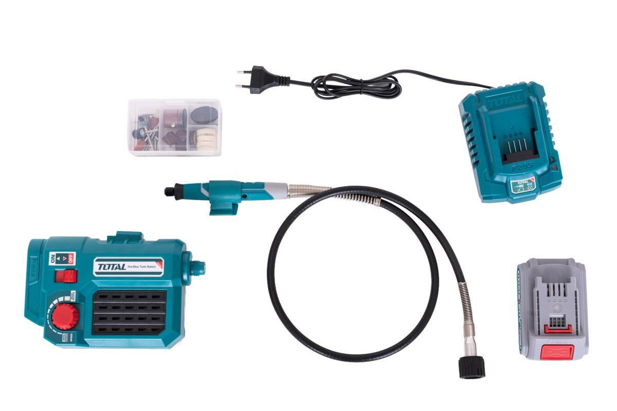 Mini polizor TOTAL 20V, 2.0Ah, viteza variabila, set accesorii (include acumulator si incarcator)