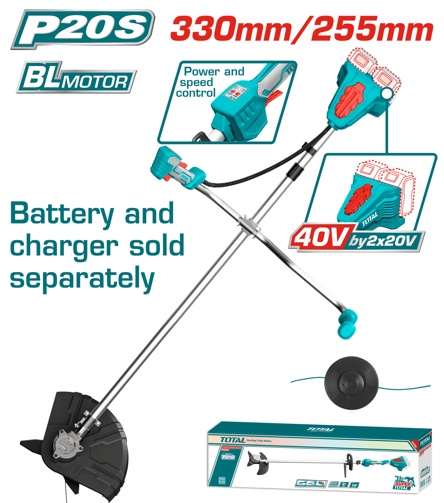 Motocoasa TOTAL 40V Li-Ion 2x20V brushless 255mm 330mm fara acumulator si incarcator