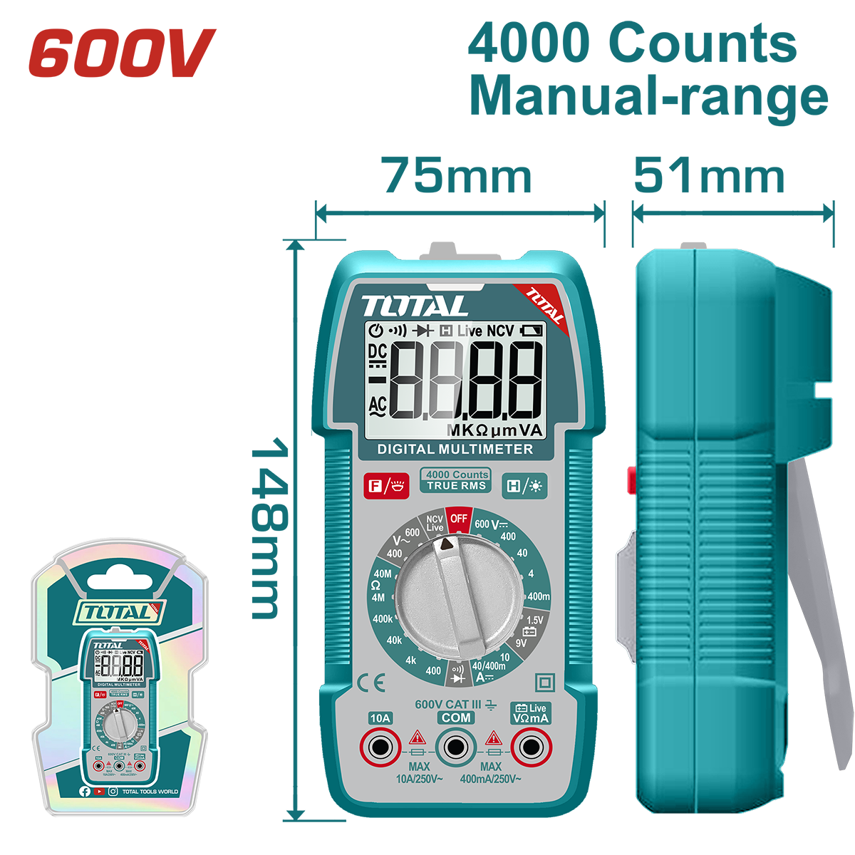 Multimetru digital TOTAL True RMS 4000 count, NCV, test baterie, lanterna integrata