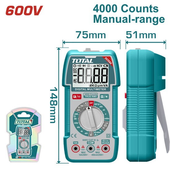 Multimetru digital TOTAL True RMS 4000 count, NCV, test baterie, lanterna integrata