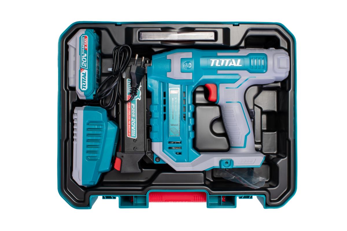 Pistol cuie pentru mobila TOTAL 20V, 10–35 mm, cu acumulator si incarcator