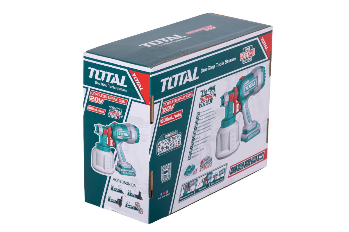 Pistol de vopsit TOTAL 20V, rezervor 1000 ml, debit 800 ml/min, pulverizare reglabila, cu acumulator si incarcator