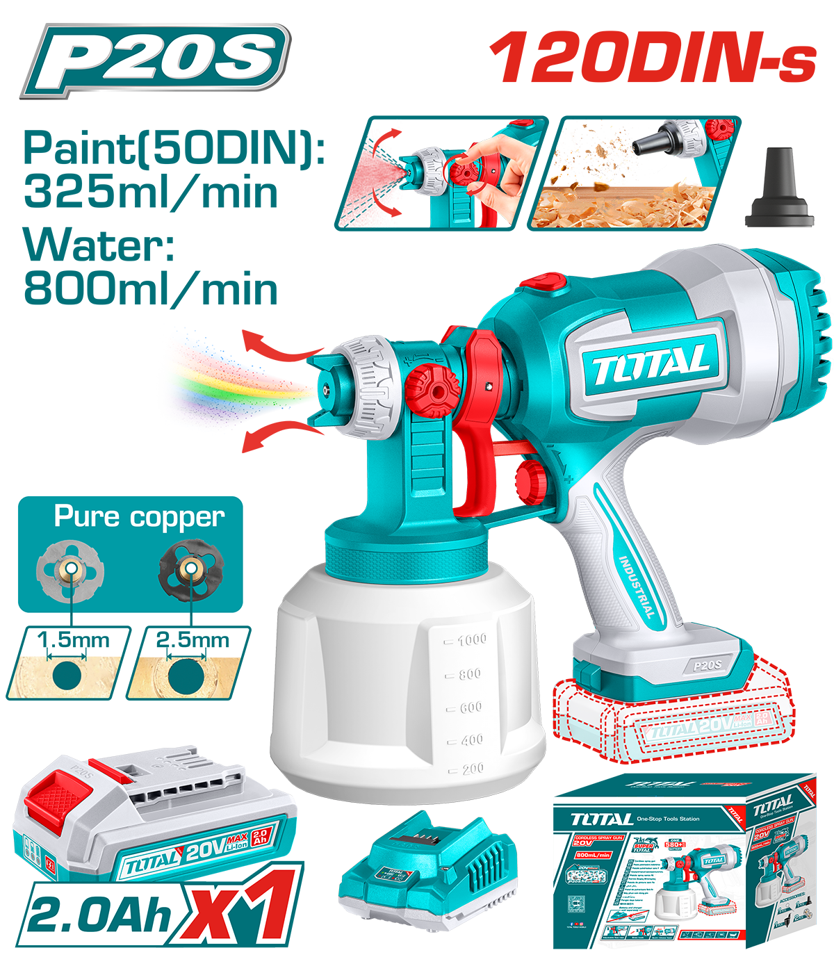 Pistol de vopsit TOTAL 20V, rezervor 1000 ml, debit 800 ml/min, pulverizare reglabila, cu acumulator si incarcator