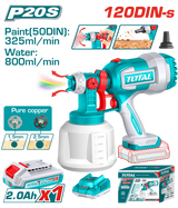 Pistol de vopsit TOTAL 20V, rezervor 1000 ml, debit 800 ml/min, pulverizare reglabila, cu acumulator si incarcator