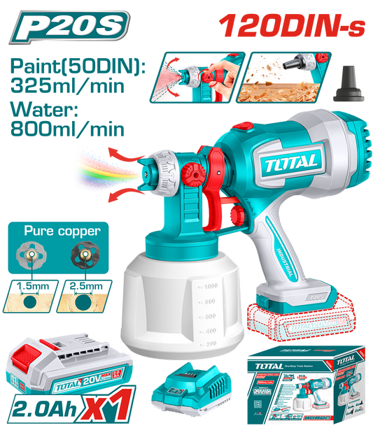 Pistol de vopsit TOTAL 20V, rezervor 1000 ml, debit 800 ml/min, pulverizare reglabila, cu acumulator si incarcator