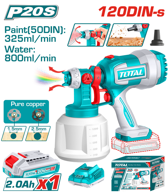 Pistol de vopsit TOTAL 20V, rezervor 1000 ml, debit 800 ml/min, pulverizare reglabila, cu acumulator si incarcator