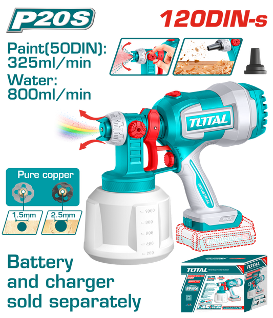 Pistol de vopsit TOTAL 20V Li-Ion, rezervor 1000 ml, debit 800 ml/min (FARA acumulator si incarcator)