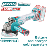 Polizor unghiular TOTAL 20V, 115 mm, brushless, 3 trepte viteza, fara baterie si incarcator
