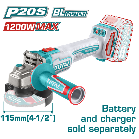 Polizor unghiular TOTAL 20V, 115 mm, brushless, 3 trepte viteza, fara baterie si incarcator