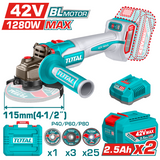 Polizor unghiular TOTAL 42V, 2,5ah 115mm 1280W brushless cu 2 acumulatori si incarcator