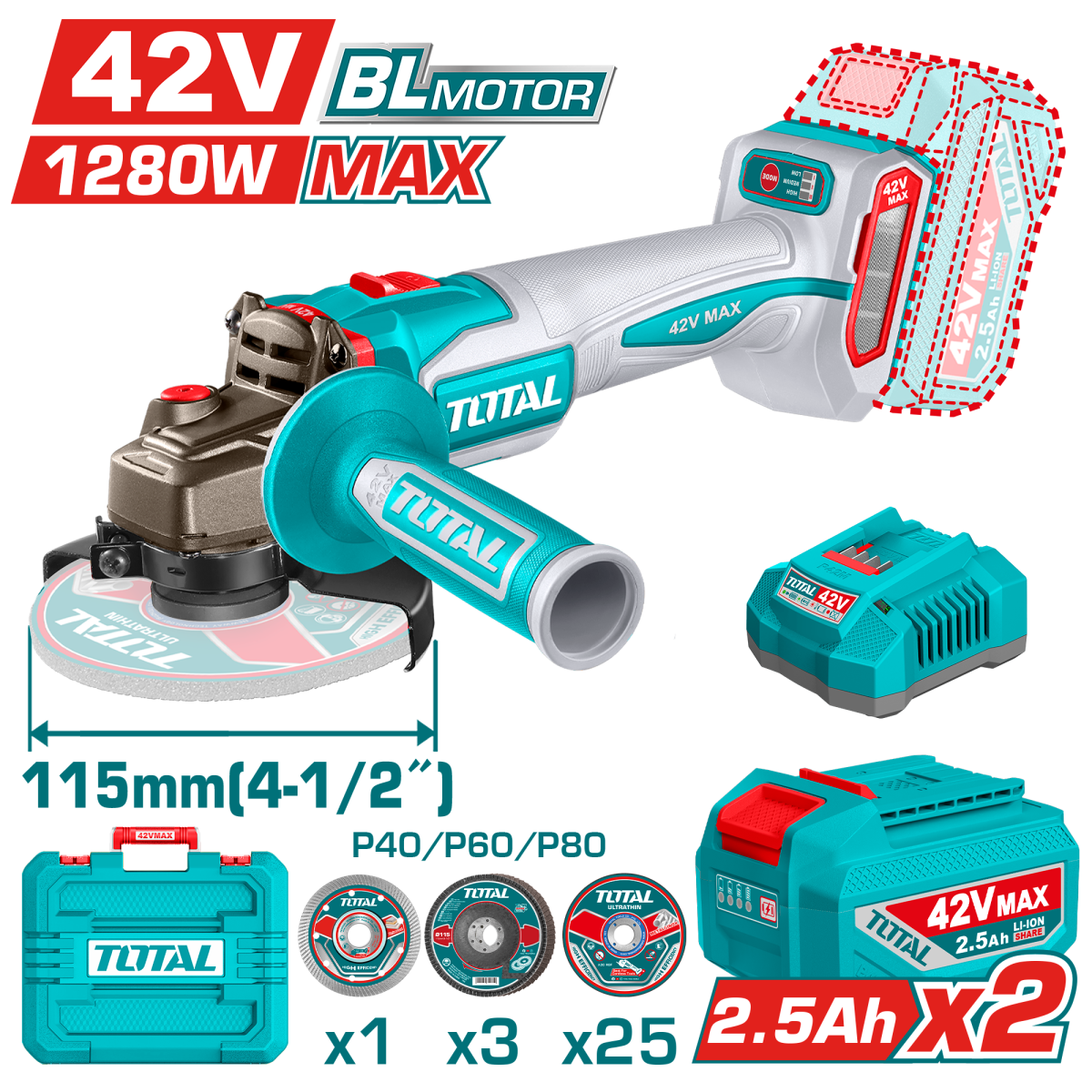 Polizor unghiular TOTAL 42V, 2,5ah 115mm 1280W brushless cu 2 acumulatori si incarcator