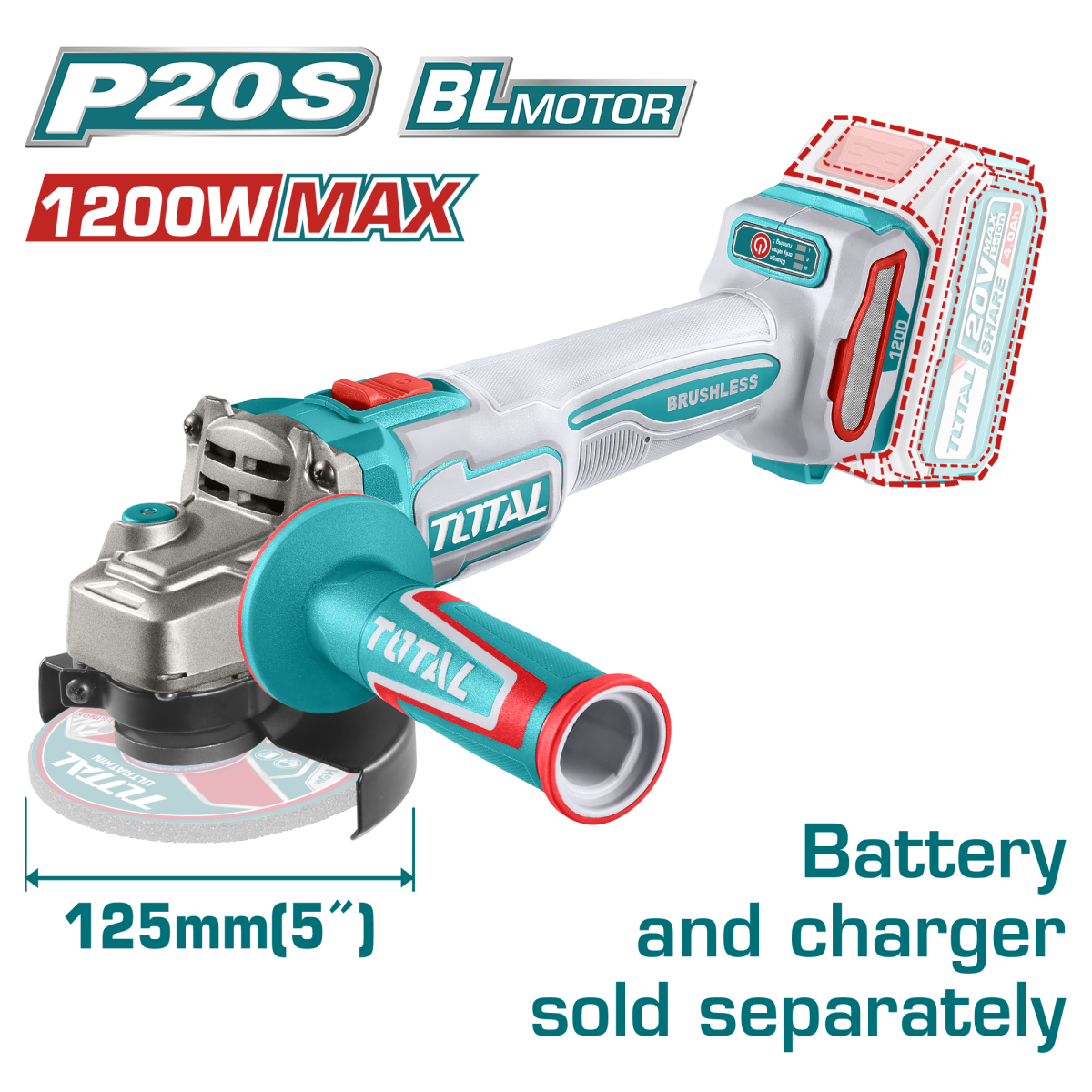 Polizor unghiular TOTAL 125 mm, 20V, motor brushless, protectie la suprasarcina, fara acumulator si incarcator