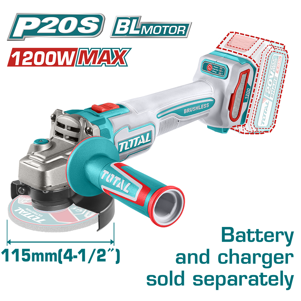 Polizor unghiular TOTAL 20V, motor fara perii, disc 115 mm (FARA acumulator si incarcator)