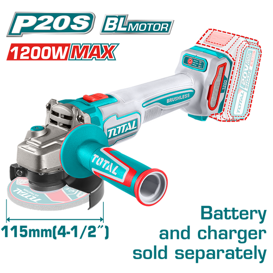 Polizor unghiular TOTAL 20V, motor fara perii, disc 115 mm (FARA acumulator si incarcator)