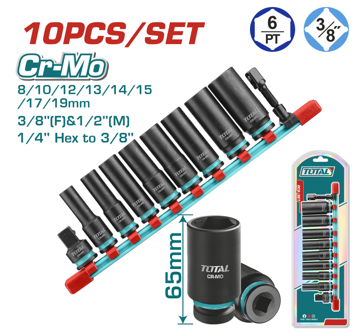 Set tubulare de impact adanci TOTAL 3/8", Cr-Mo, 10 piese