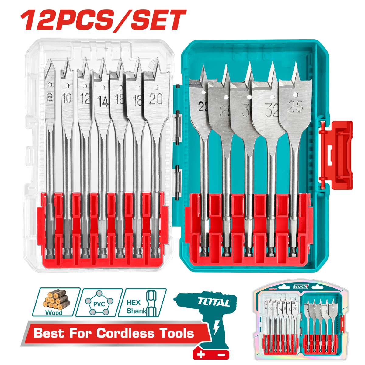 Set 12 burghie plate pentru lemn TOTAL, 8–32 mm, tija hex 1/4"