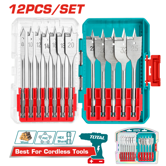 Set 12 burghie plate pentru lemn TOTAL, 8–32 mm, tija hex 1/4"
