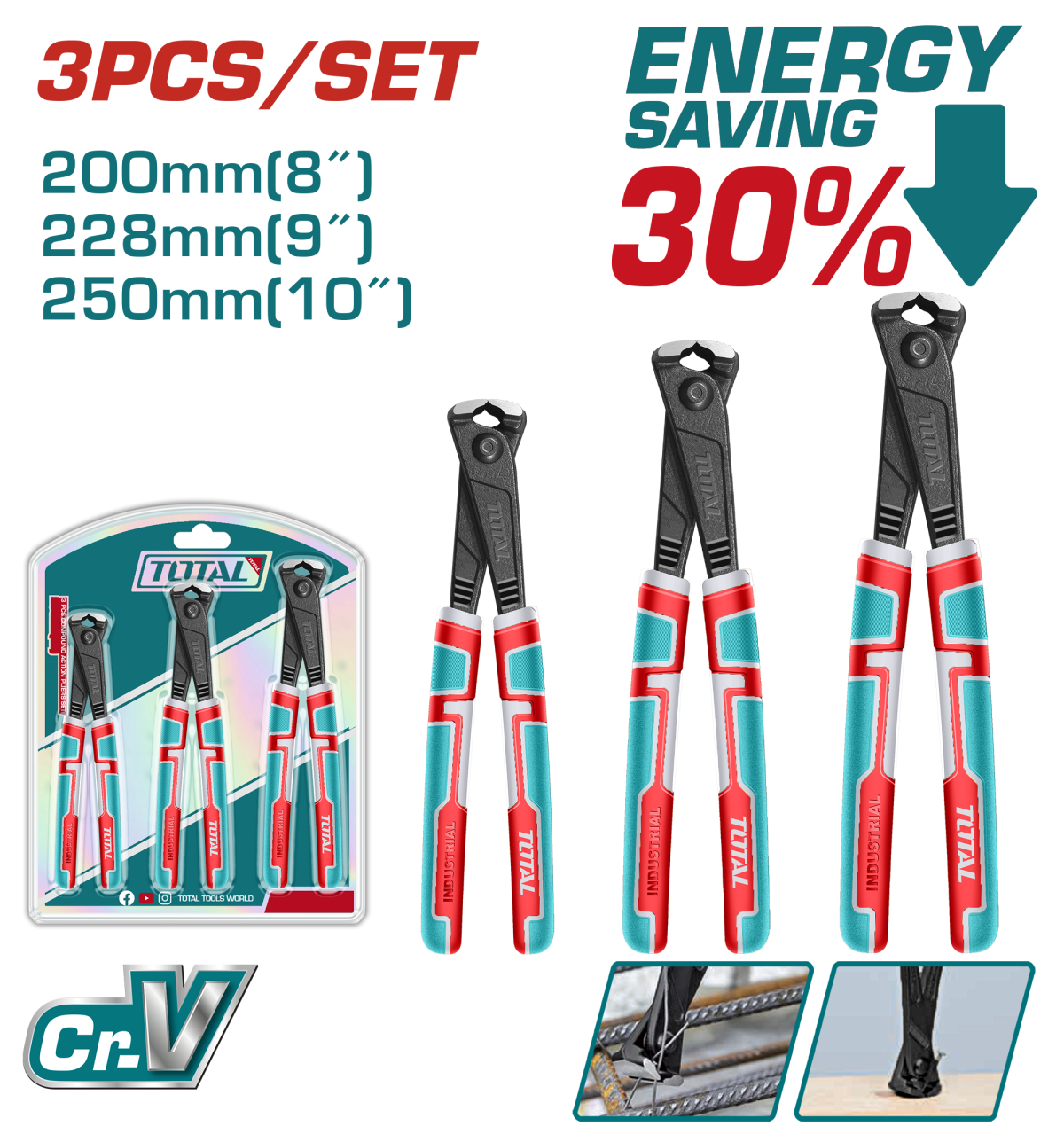 Set 3 clesti TOTAL pentru legat sarma, otel Cr-V, parghie mare