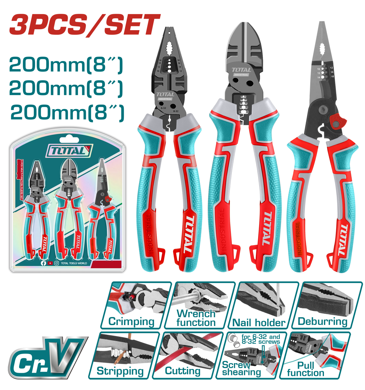 Set 3 clesti multifunctionali TOTAL Cr-V, universal, varf lung si taiere, 200 mm