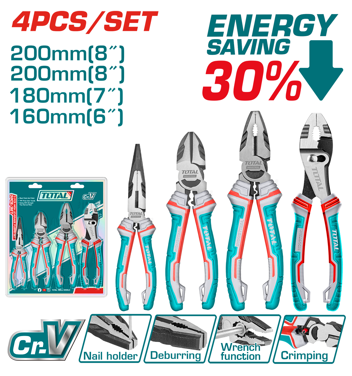 Set 4 clesti TOTAL Cr-V – combinat 8”, taietor 7”, varf lung 6”, articulatie glisanta 8”