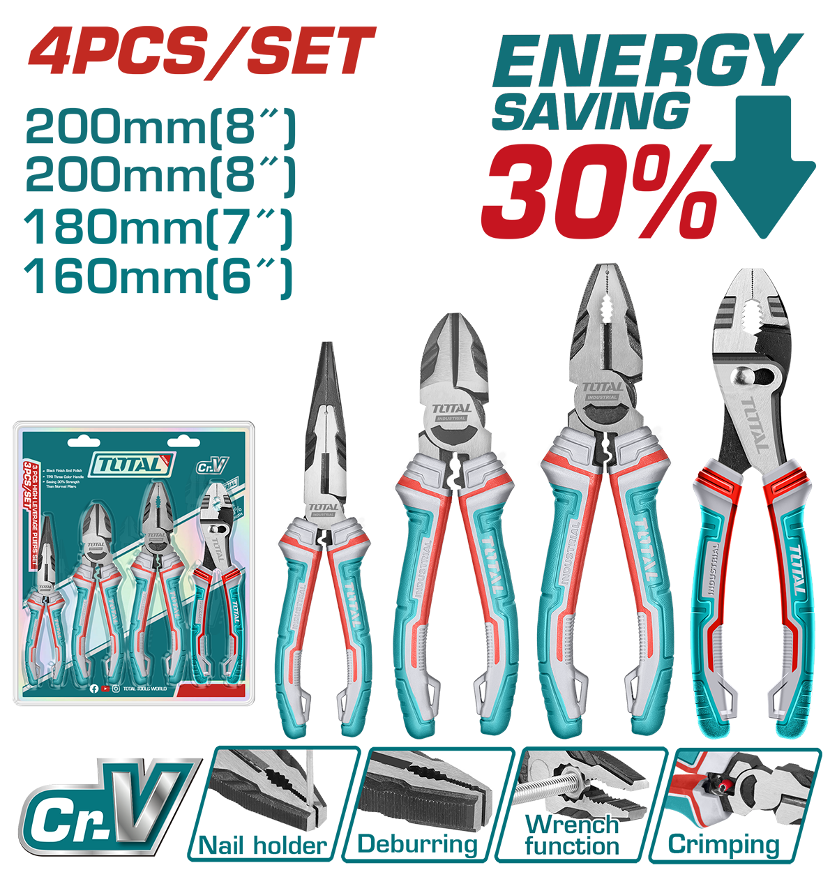 Set 4 clesti TOTAL Cr-V – combinat 8”, taietor 7”, varf lung 6”, articulatie glisanta 8”