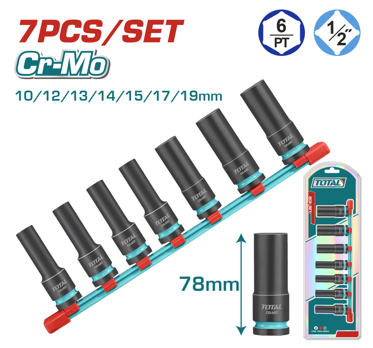 Set tubulare de impact adanci TOTAL 1/2", 78 mm, Cr-Mo, 7 piese