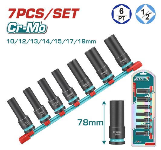 Set tubulare de impact adanci TOTAL 1/2", 78 mm, Cr-Mo, 7 piese