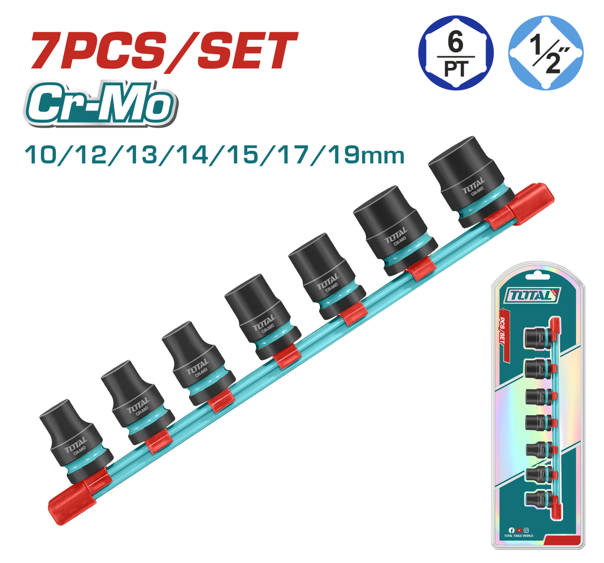 Set tubulare de impact adanci TOTAL 1/2", Cr-Mo, 7 piese