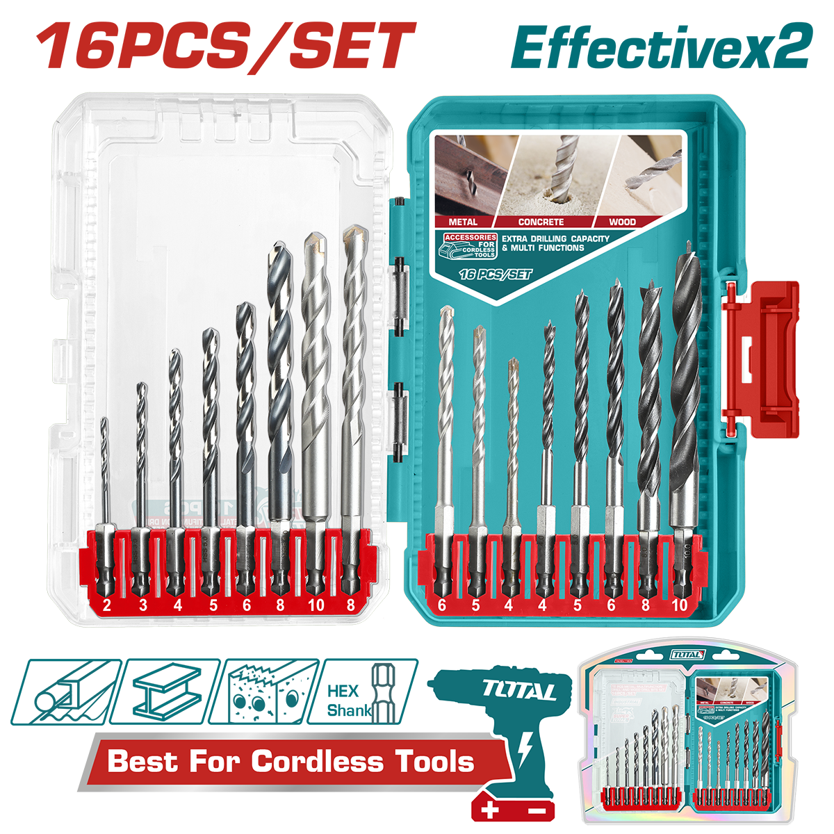 Set Burghie Total | 16 buc | Metal + Beton + Lemn | HSS + Tija Hex