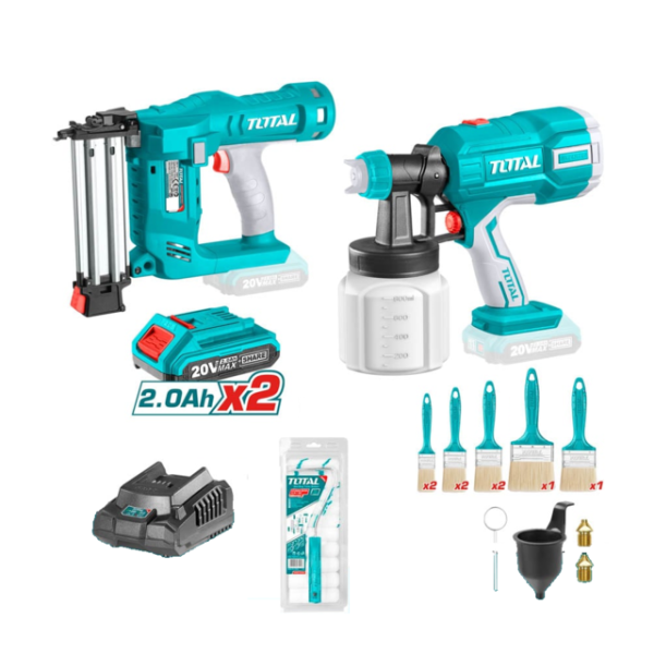 Set profesional TOTAL 20V: pistol vopsit, pistol cuie, 2 baterii 2Ah, incarcator si accesorii