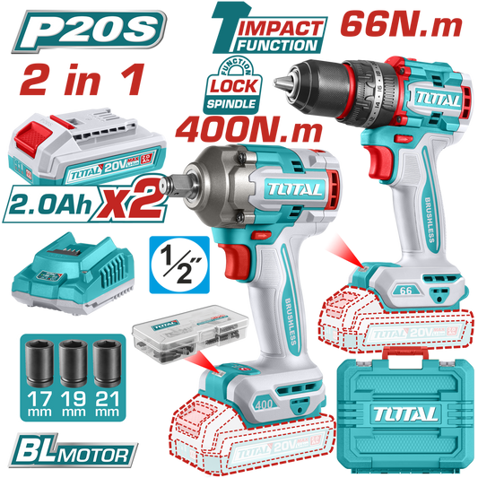 Set Scule Electrice Total 20V | Motor Fara Perii | Masina Gaurit + Cheie Impact | 2 Acumulatori