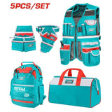 Set transport unelte TOTAL 5 piese – rucsac, geanta, vesta, centura, suport bormasina