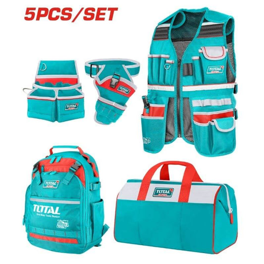Set transport unelte TOTAL 5 piese – rucsac, geanta, vesta, centura, suport bormasina